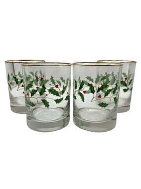 Vtg Arcoroc Old Fashioned Glasses 12oz Set-4 Christmas Holly Berry Holiday Gold